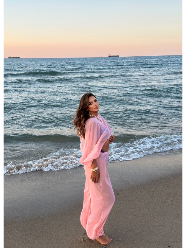 Pembe Şifon Pareo Takım