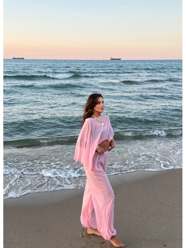 Pembe Şifon Pareo Takım