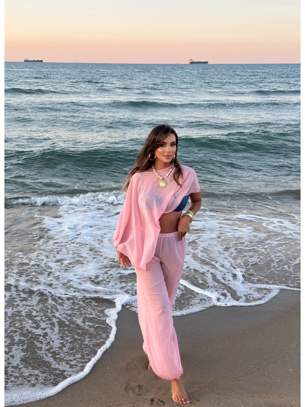 Pembe Şifon Pareo Takım