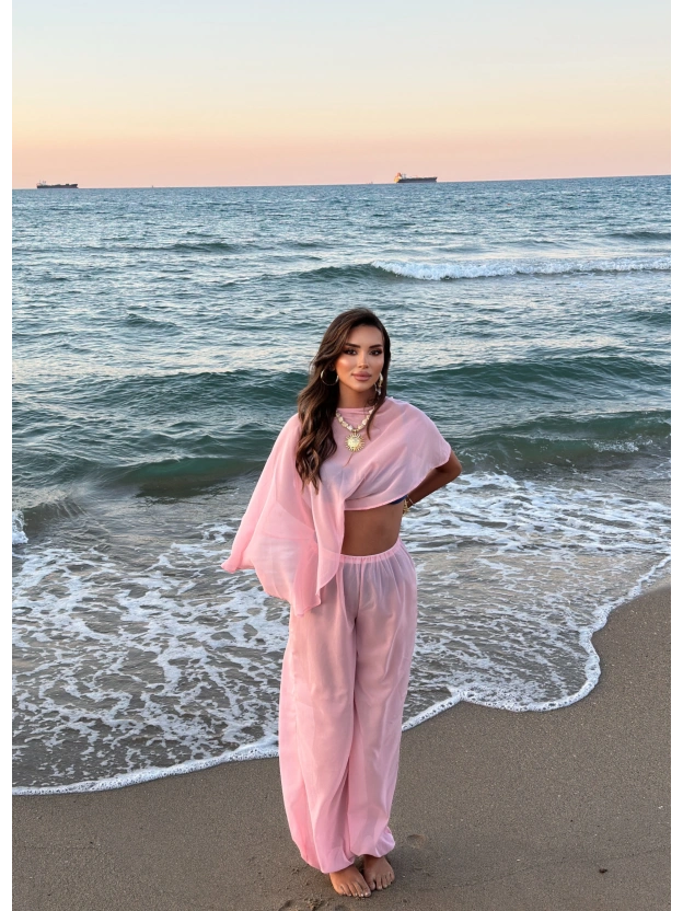 Pembe Şifon Pareo Takım