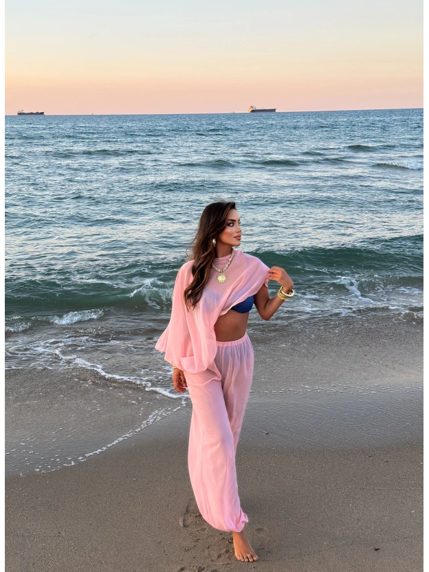 Pembe Şifon Pareo Takım