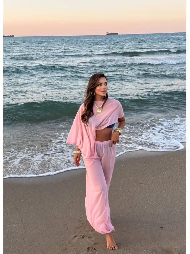 Pembe Şifon Pareo Takım
