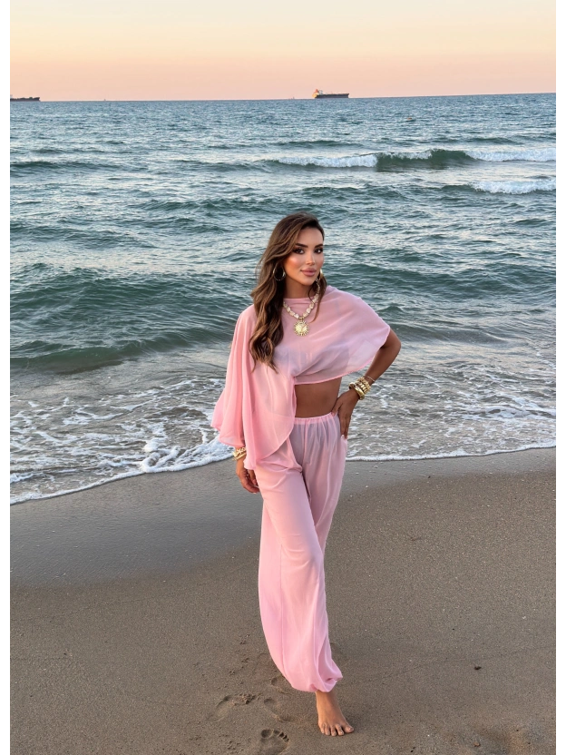 Pembe Şifon Pareo Takım