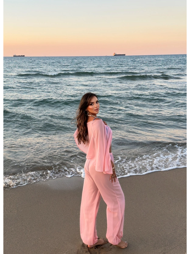 Pembe Şifon Pareo Takım