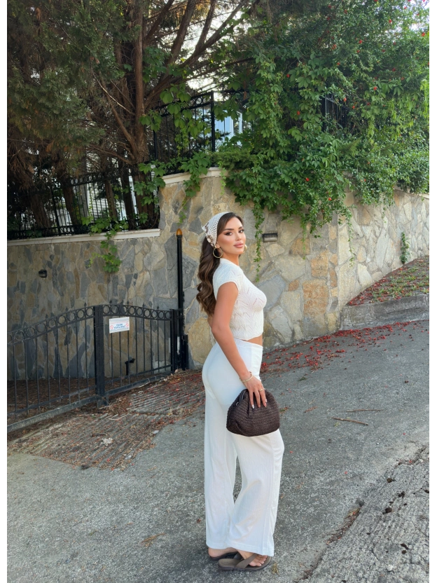 Beyaz Bağlamalı Bürümcük Pantolon