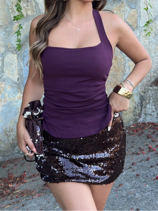 Mürdüm Halter Yaka Drapeli Crop