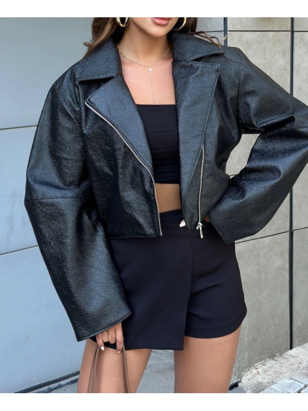 Siyah Vegan Deri Premium Crop Ceket