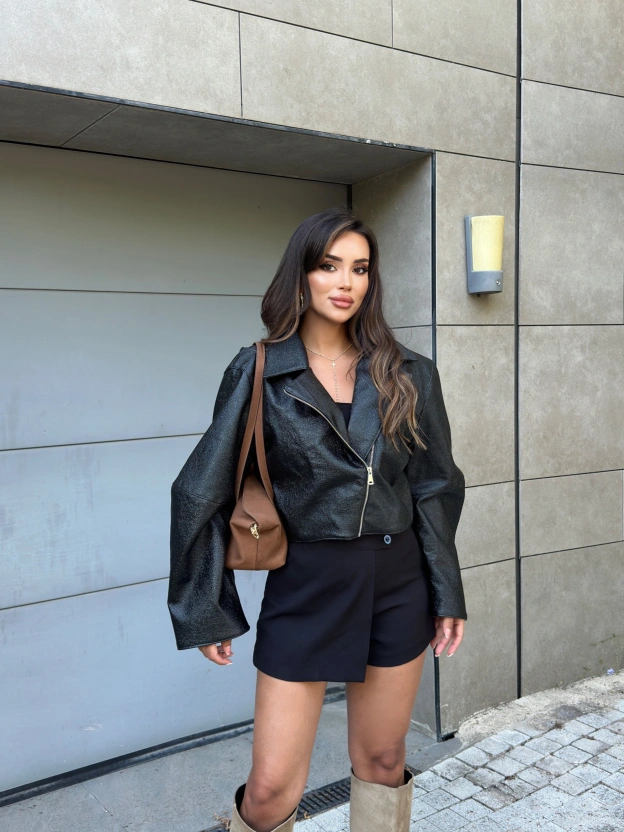 Siyah Vegan Deri Premium Crop Ceket