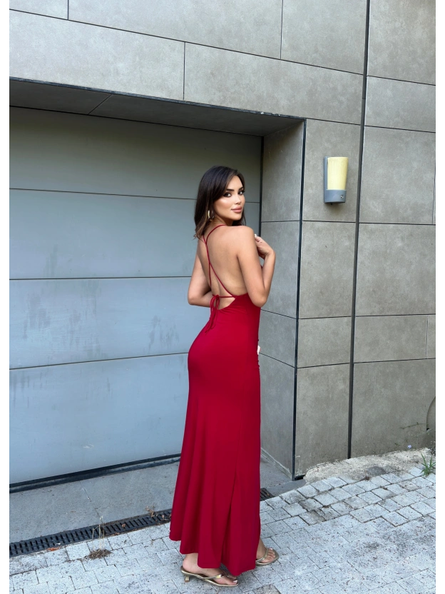 Kırmızı Askılı Sırt Çapraz Uzun Elbise