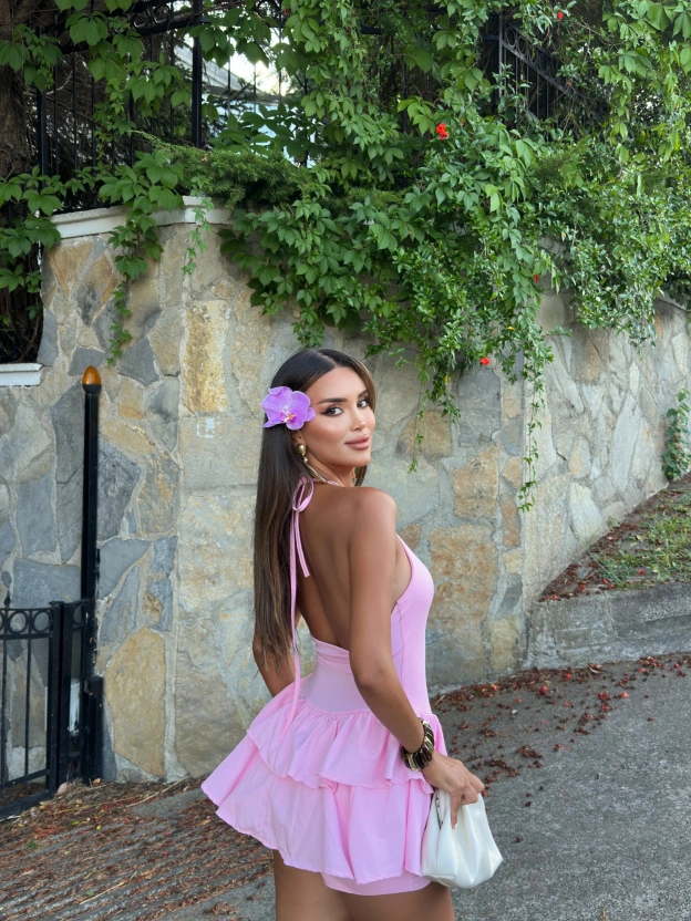 Pembe Boyundan Bağlamalı Eteği Fırfırlı Mini Elbise