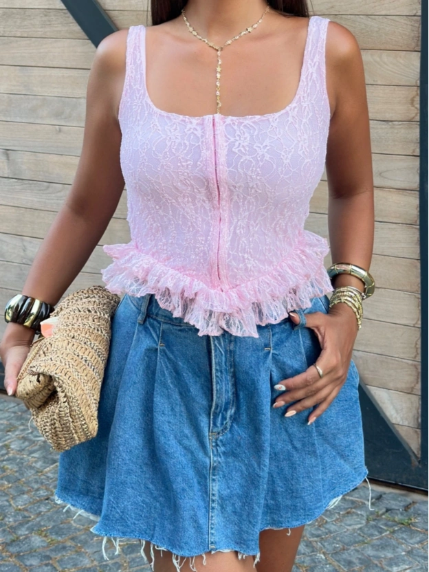 Pembe Kare Yaka Kopçalı Crop
