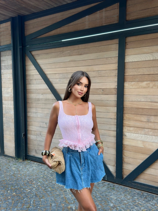 Pembe Kare Yaka Kopçalı Crop