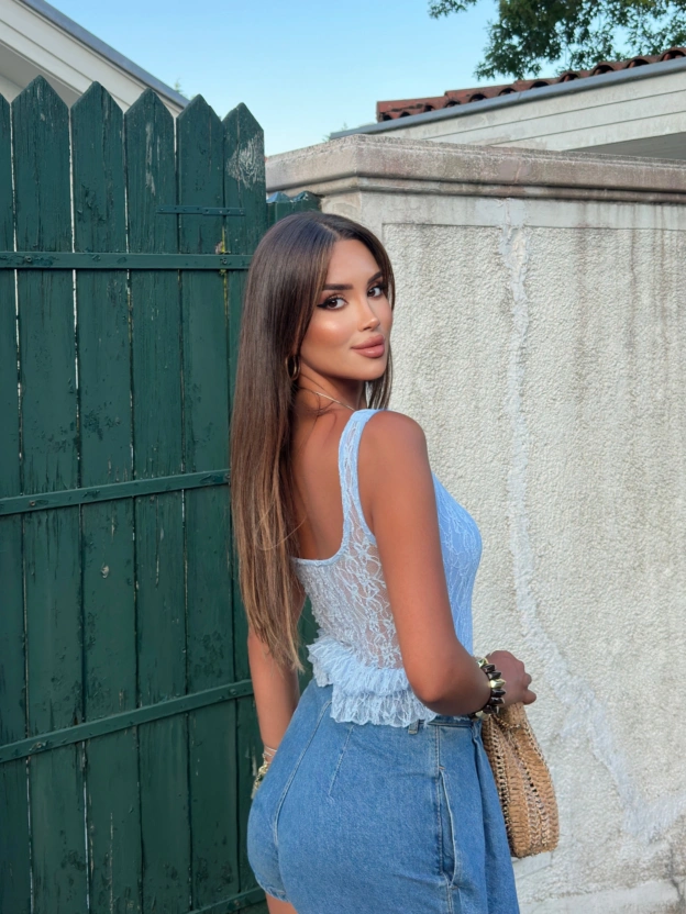 Mavi Kare Yaka Kopçalı Crop