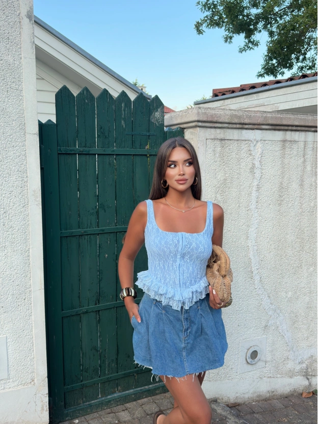 Mavi Kare Yaka Kopçalı Crop