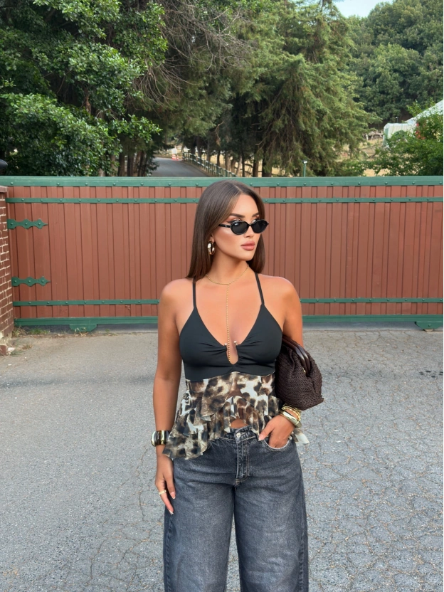 Siyah Leopar Desen Halkalı Büstiyer