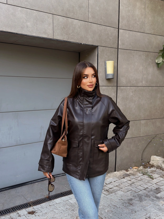 Kahverengi Oversize Basic Deri Ceket