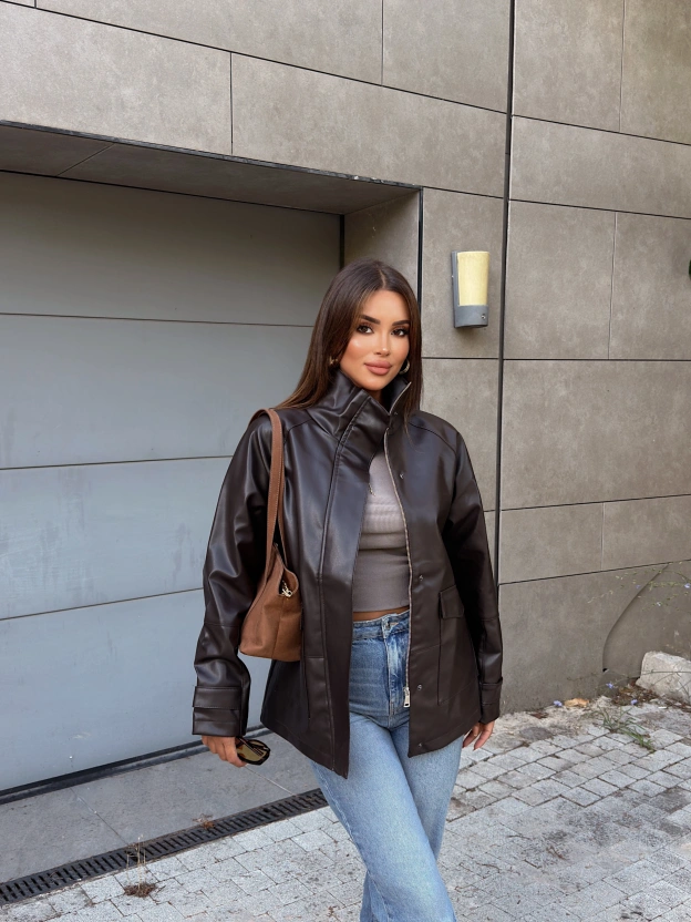 Kahverengi Oversize Basic Deri Ceket