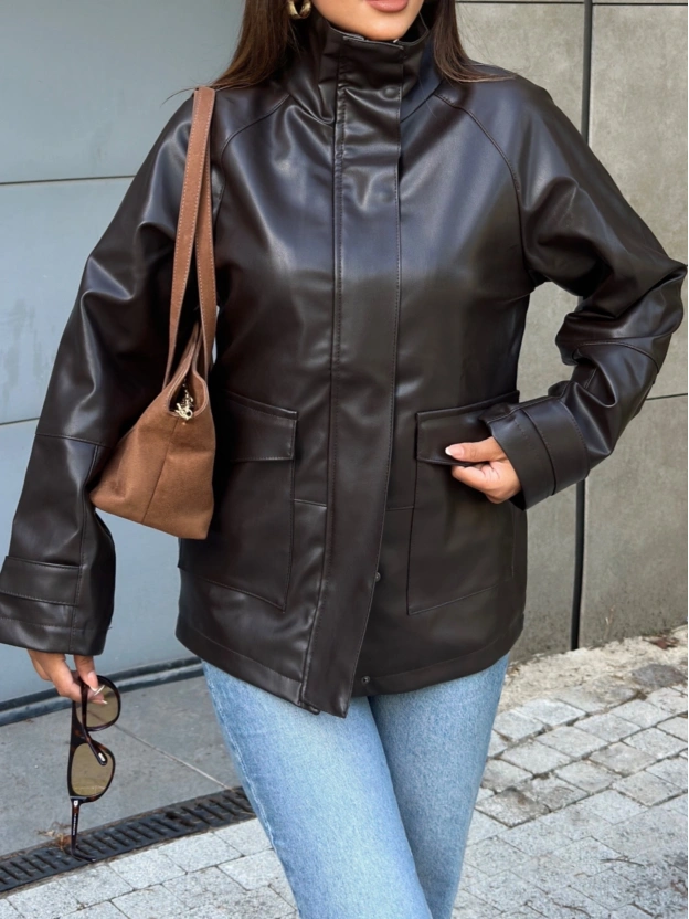 Kahverengi Oversize Basic Deri Ceket