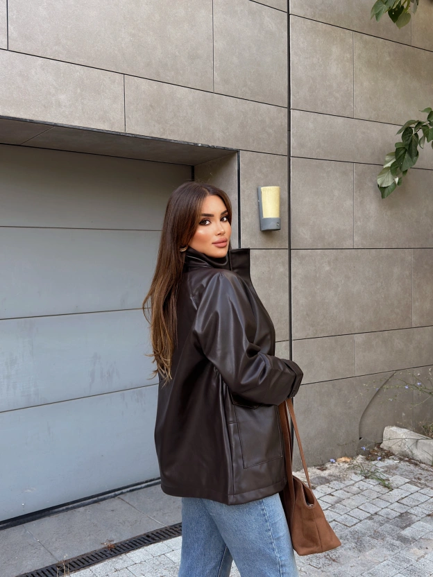 Kahverengi Oversize Basic Deri Ceket