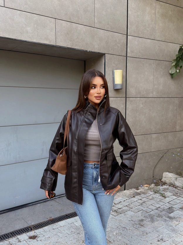 Kahverengi Oversize Basic Deri Ceket