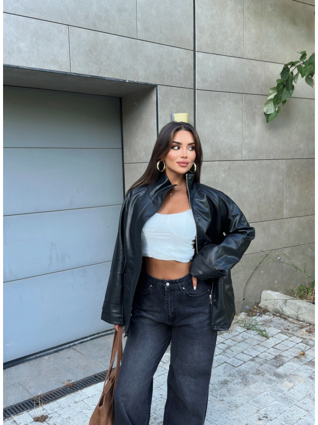 Siyah Oversize Basic Deri Ceket