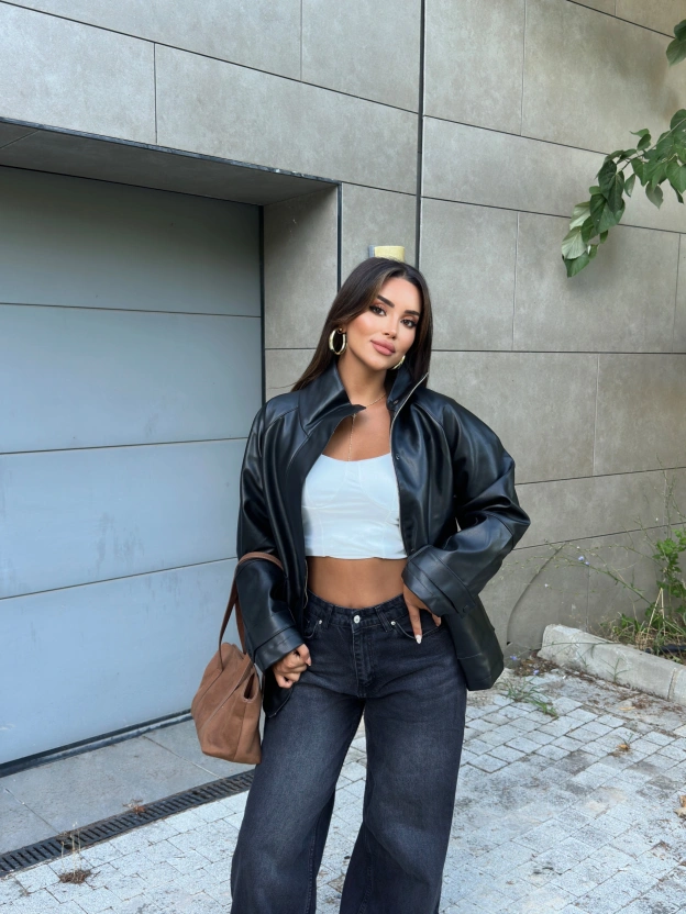 Siyah Oversize Basic Deri Ceket