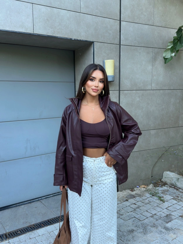 Bordo Oversize Basic Deri Ceket