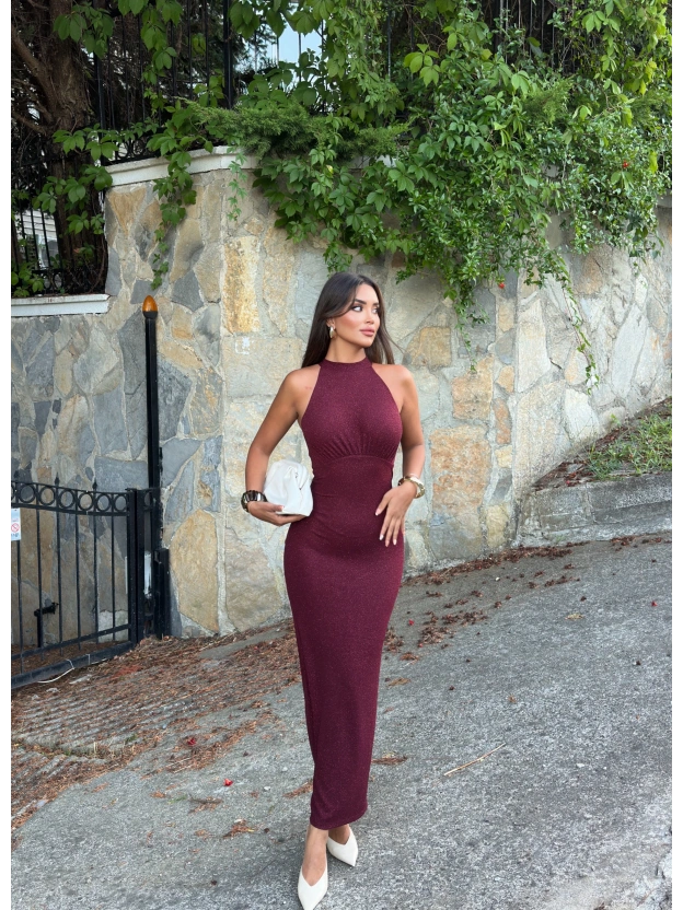Bordo Halter Yaka Simli Uzun Elbise