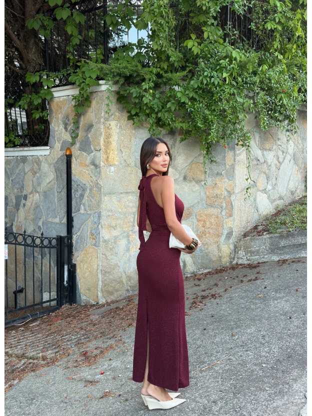 Bordo Halter Yaka Simli Uzun Elbise
