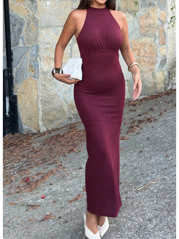 Bordo Halter Yaka Simli Uzun Elbise
