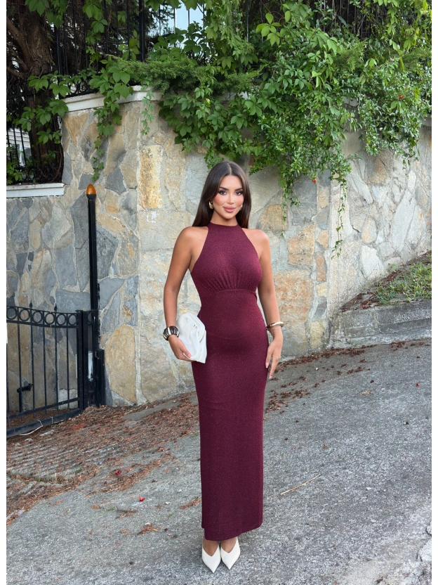 Bordo Halter Yaka Simli Uzun Elbise