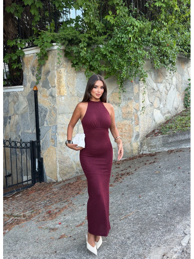 Bordo Halter Yaka Simli Uzun Elbise