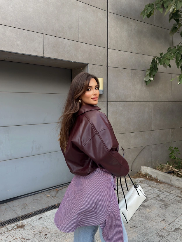 Bordo Kemerli Deri Ceket