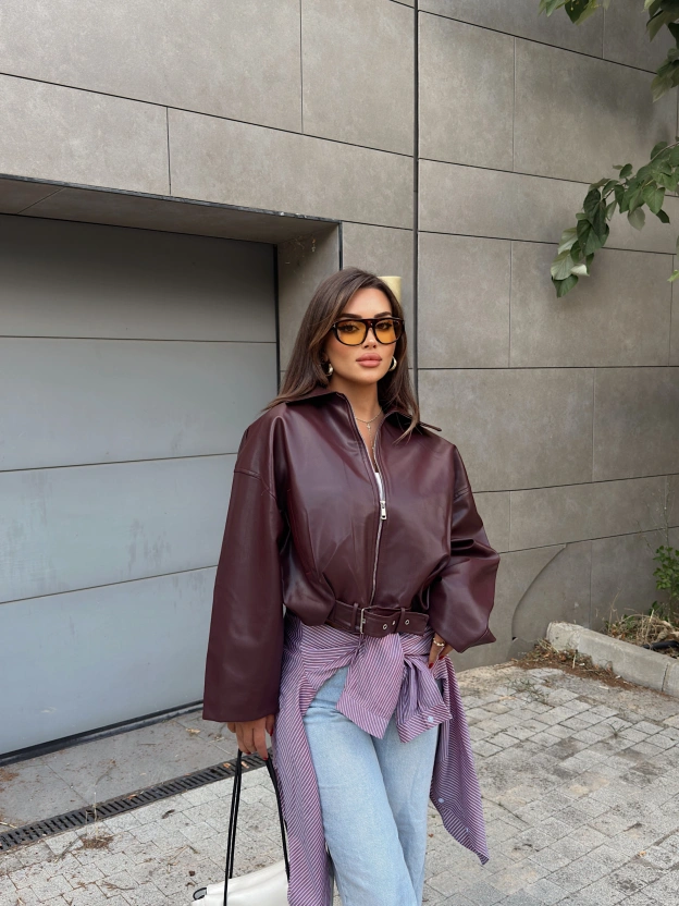 Bordo Kemerli Deri Ceket