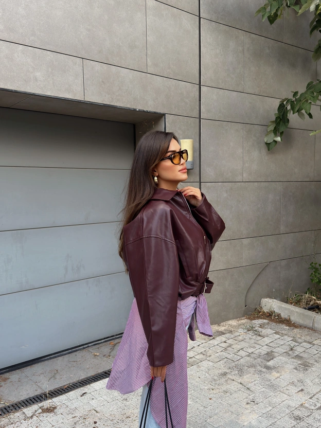 Bordo Kemerli Deri Ceket