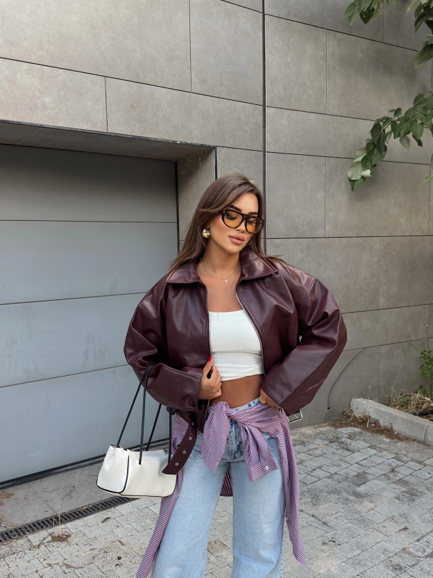 Bordo Kemerli Deri Ceket