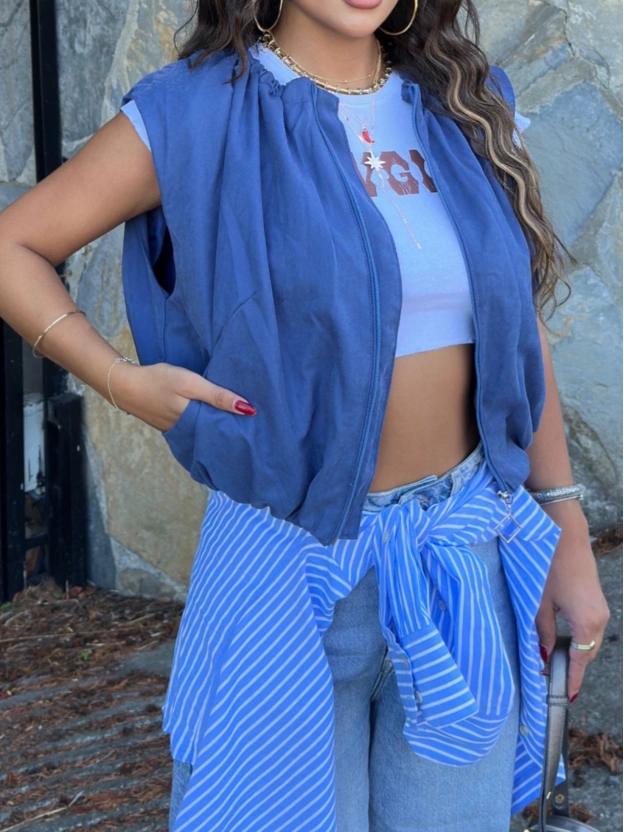 Lacivert Trenç Crop Yelek
