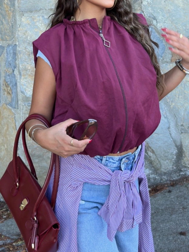 Bordo Trenç Crop Yelek