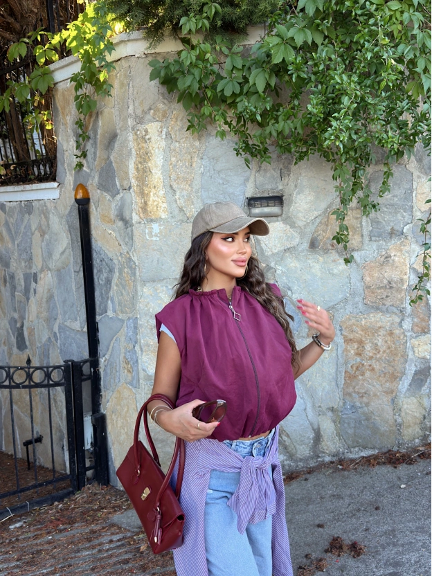 Bordo Trenç Crop Yelek