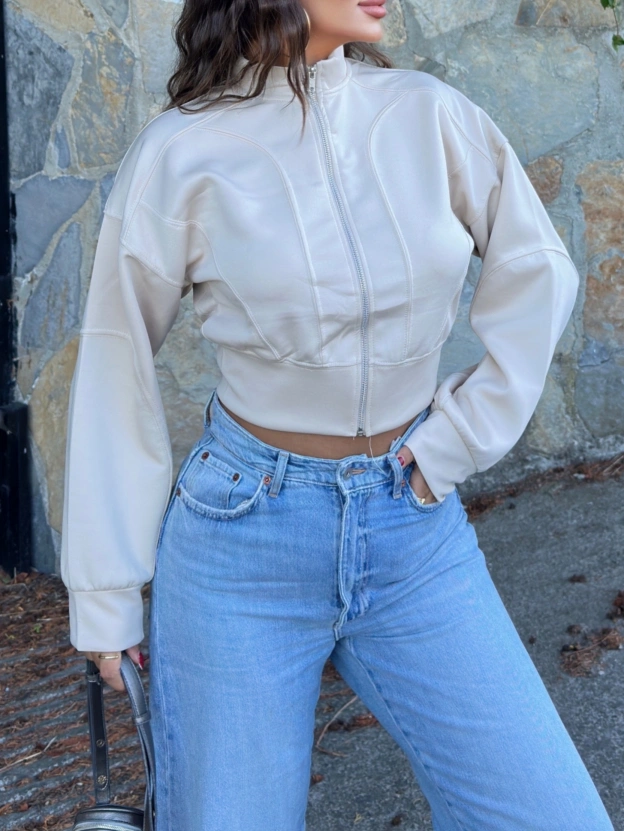 Bej Dik Yaka Crop Hırka