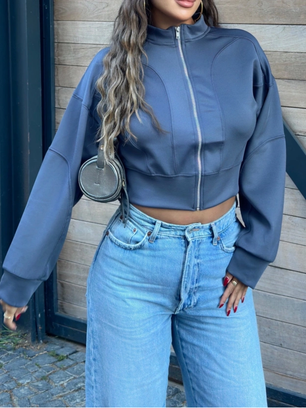 Antrasit Dik Yaka Crop Hırka