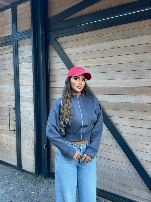 Antrasit Dik Yaka Crop Hırka