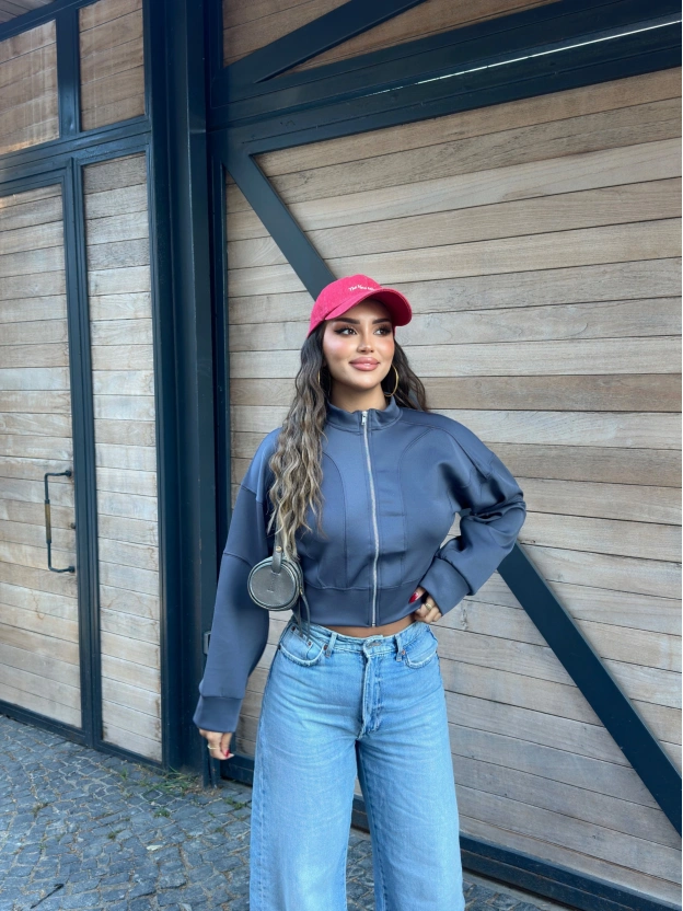 Antrasit Dik Yaka Crop Hırka