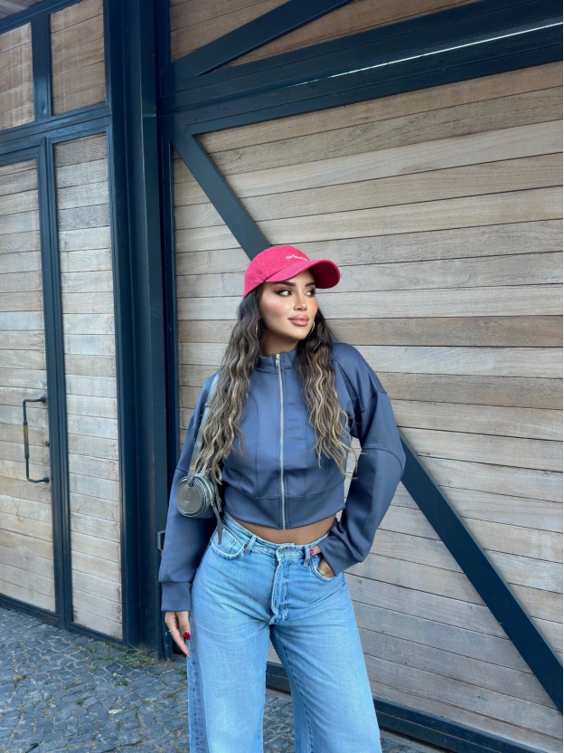 Antrasit Dik Yaka Crop Hırka