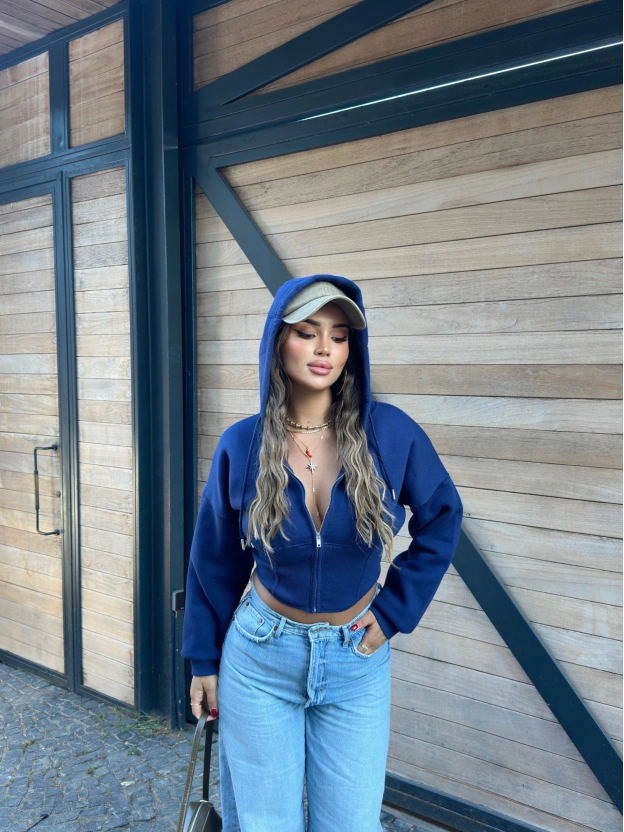 Lacivert Korse Crop Hırka