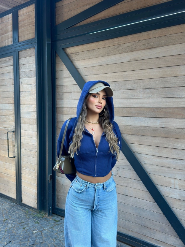 Lacivert Korse Crop Hırka