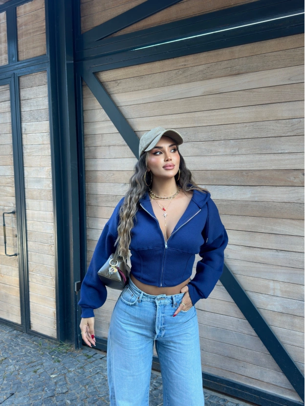 Lacivert Korse Crop Hırka