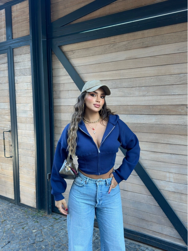 Lacivert Korse Crop Hırka