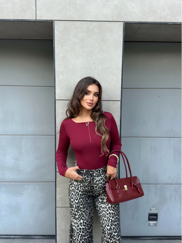 Bordo Toka Detay Bisiklet Yaka Bodysuit