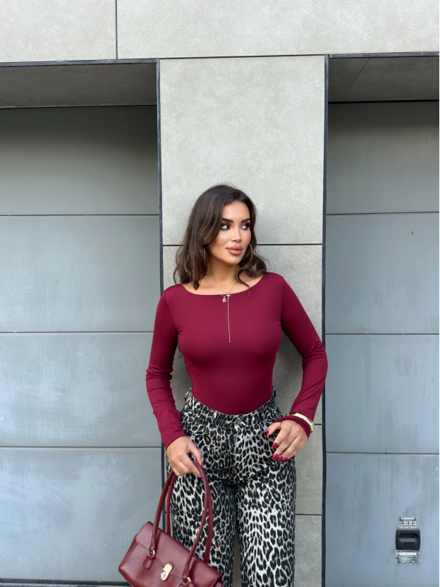 Bordo Toka Detay Bisiklet Yaka Bodysuit